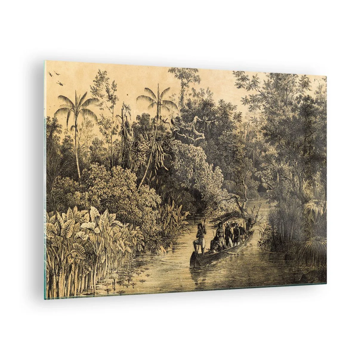 Obraz na skle - Retro potlač zobrazujúca cestu džungľou - 70x50cm - Výlet k zdroju - Moderná nástenná dekorácia do obývacej izby a spálne ARTTOR