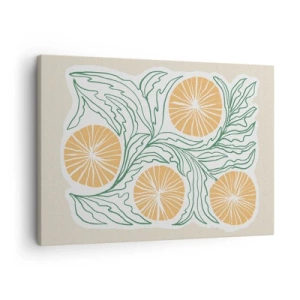 Obraz na plátne - Minimalistický oranžový motív so zelenými listami - 70x50cm - Etnicky s abstraktným nádychom - Moderná nástenná dekorácia do obývacej izby a spálne ARTTOR