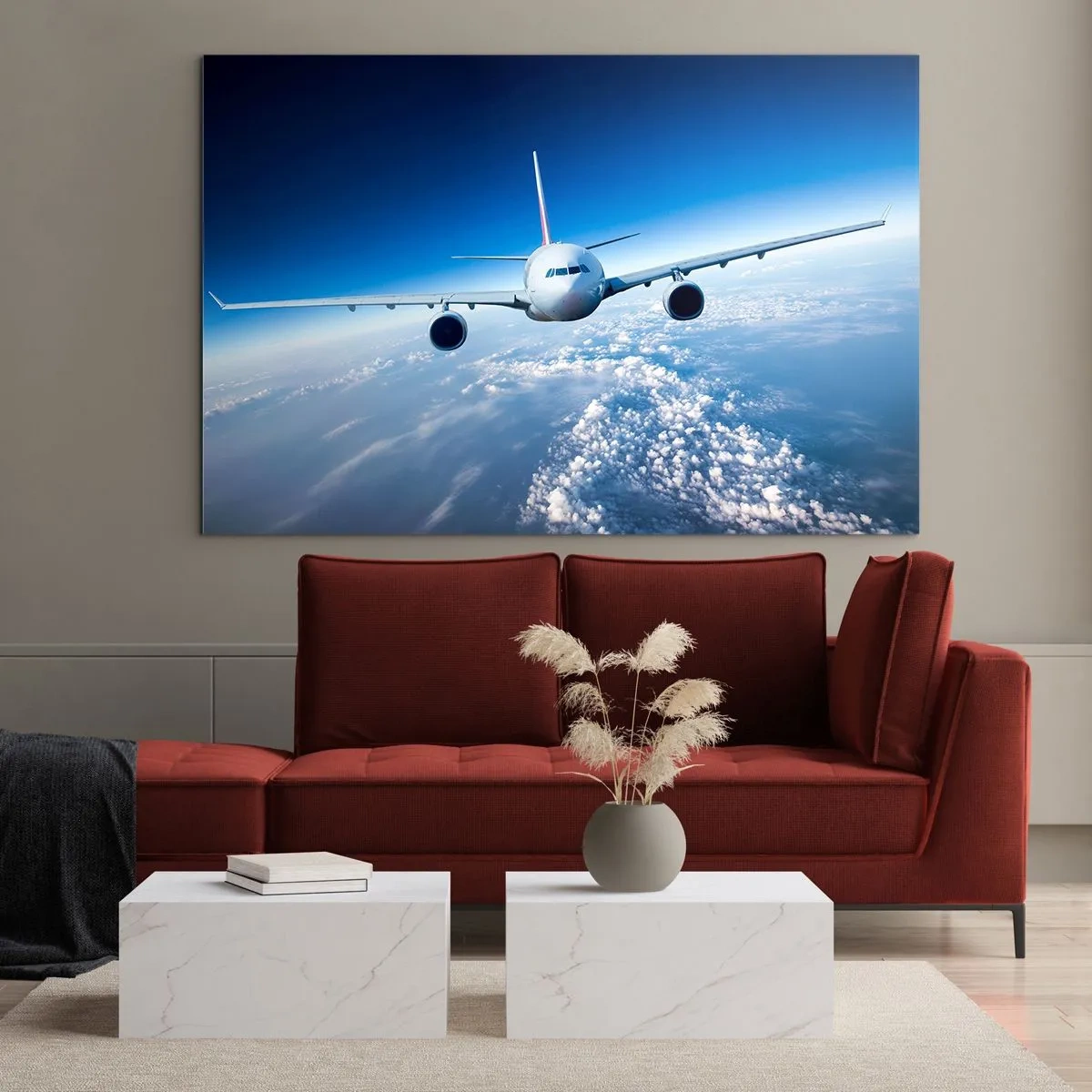 Obraz na skle - Osobné lietadlo proti modrej oblohe a oblakom - 70x50cm - Letím lebo chcem - Moderná nástenná dekorácia do obývacej izby a spálne ARTTOR
