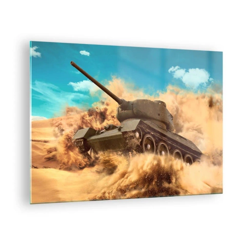 Obraz na skle - Tank v pohybe v púšti s lietajúcim prachom a jasnou oblohou - 70x50cm - Nedá sa poraziť - Moderná nástenná dekorácia do obývacej izby a spálne ARTTOR