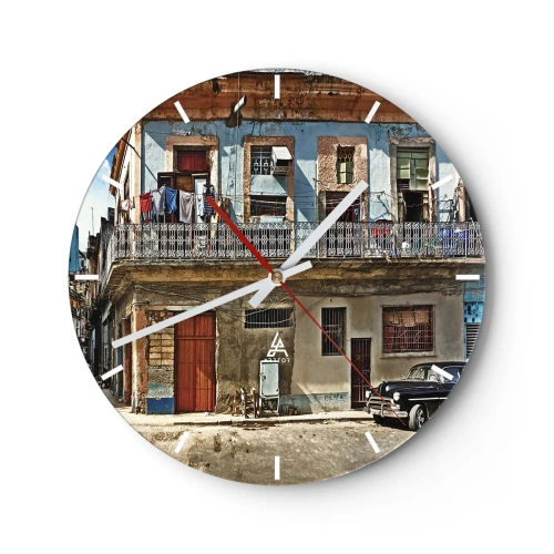 Nástenné hodiny - Farebná fasáda starej budovy s balkónom a práčovňou - 30x30cm - Havajský nádych - Moderná nástenná dekorácia do obývacej izby, kuchyne a spálne ARTTOR