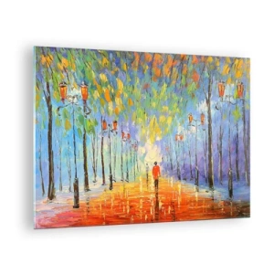 Obraz na skle - Farebný park s uličkou a lampášmi v maliarskom štýle - 70x50cm - Nočná pieseň dažďa - Moderná nástenná dekorácia do obývacej izby a spálne ARTTOR