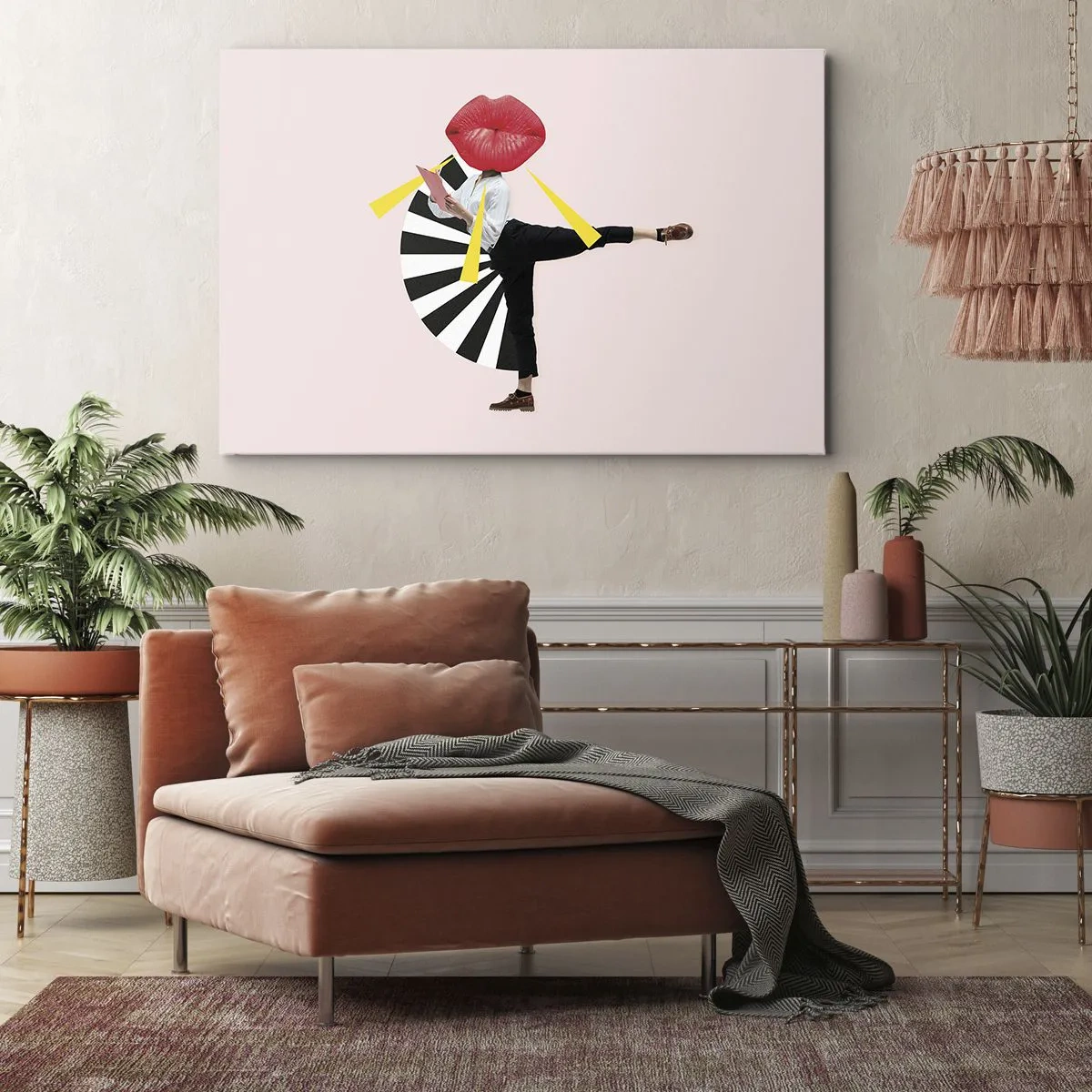 Obraz na plátne - Surrealistická postava s ústami a geometrickými prvkami - 70x50cm - Surrealistický pop-art - Moderná nástenná dekorácia do obývacej izby a spálne ARTTOR