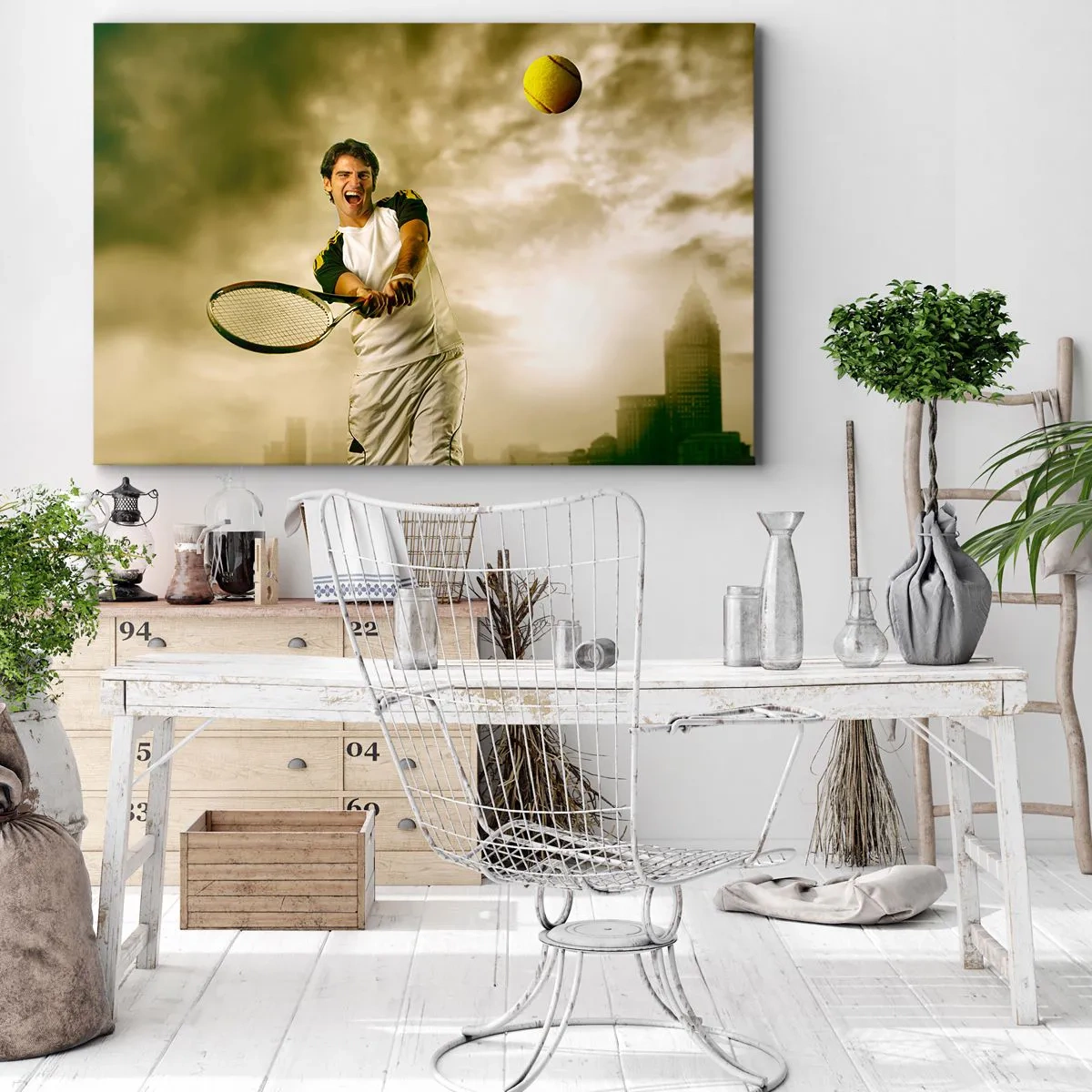 Obraz na plátne - Tenista v akcii počas hry na pozadí mestskej krajiny - 70x50cm - Energia a radosť - Moderná nástenná dekorácia do obývacej izby a spálne ARTTOR