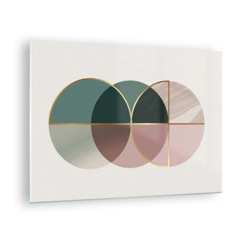 Obraz na skle - Geometrické tvary s odtieňmi zelenej a ružovej na svetlom pozadí - 70x50cm - Kolesá… - Moderná nástenná dekorácia do obývacej izby a spálne ARTTOR