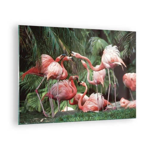 Obraz na skle - Plameniaky medzi tropickou vegetáciou v živých farbách - 70x50cm - Popoludňajšie klebety - Moderná nástenná dekorácia do obývacej izby a spálne ARTTOR