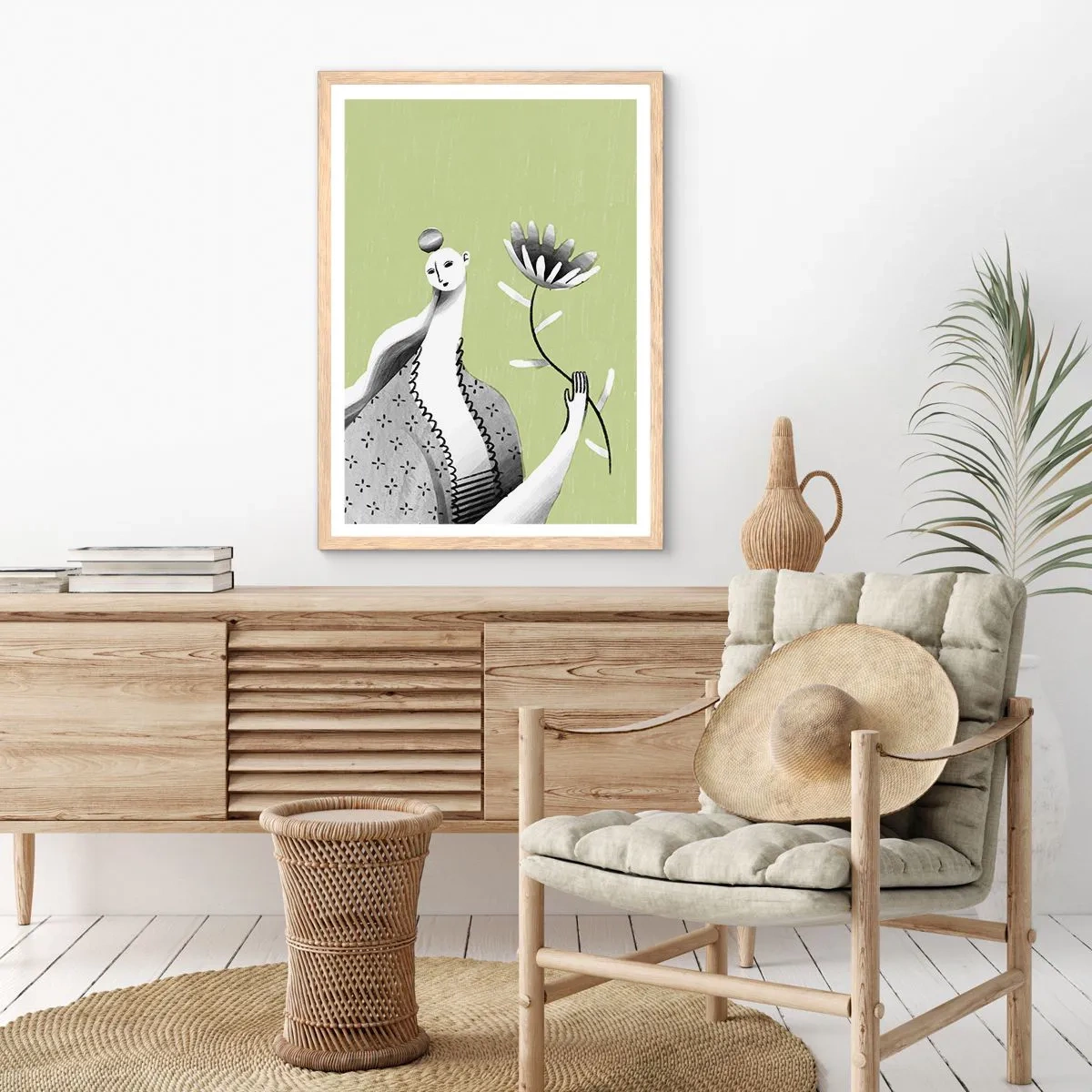 Plagát v ráme zo svetlého duba - Modernistický portrét – držiaci kvet - 30x40 cm