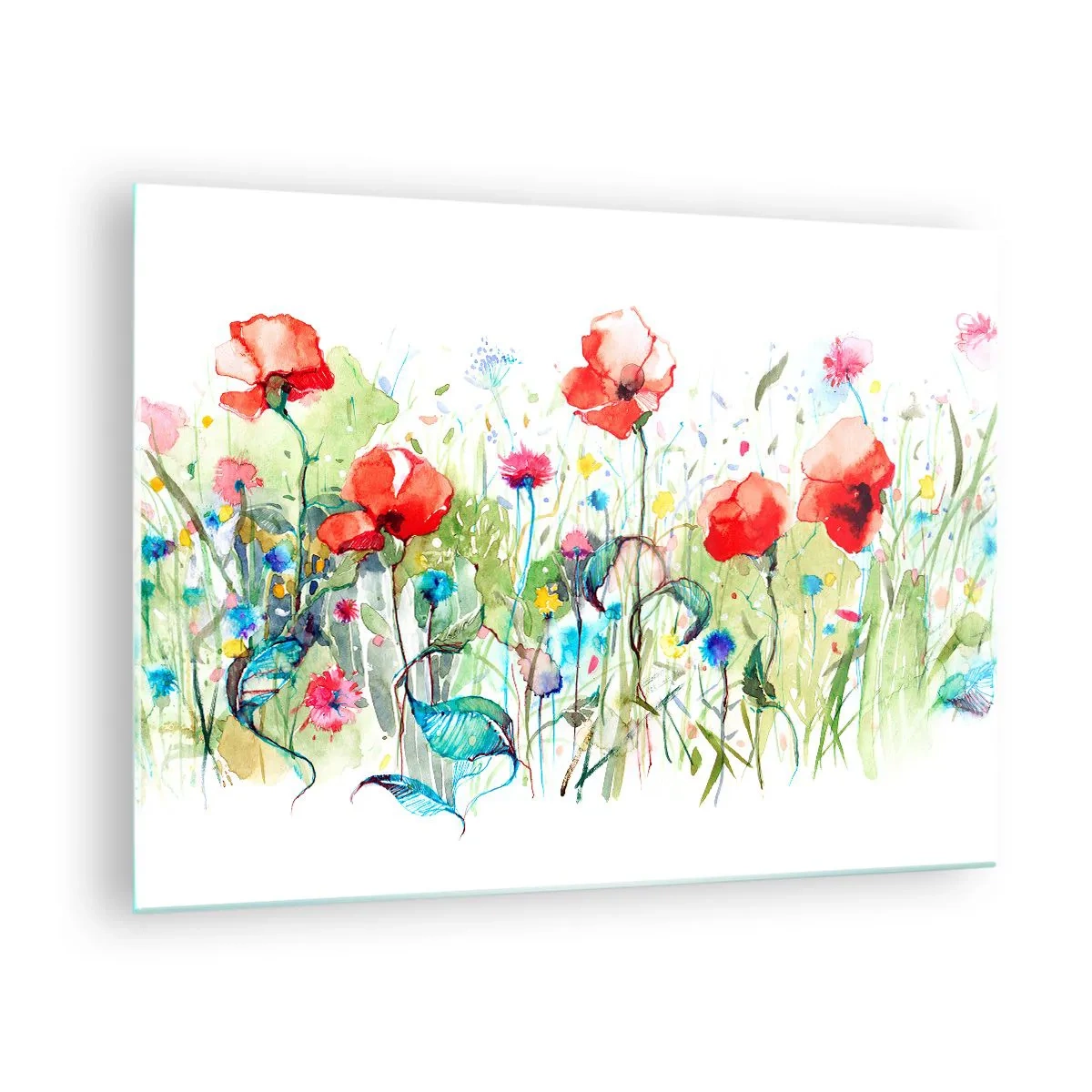 Obraz na skle - Farebné vlčie maky a divoké kvety v akvarelovom štýle - 70x50cm - Kvitnúca lúka v máji - Moderná nástenná dekorácia do obývacej izby a spálne ARTTOR