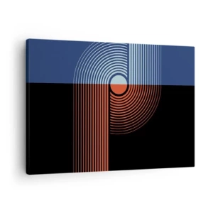 Obraz na plátne - Geometrická abstrakcia s čiarami v tmavomodrej a oranžovej farbe. - 70x50cm - V geometrickom objatí - Moderná nástenná dekorácia do obývacej izby a spálne ARTTOR