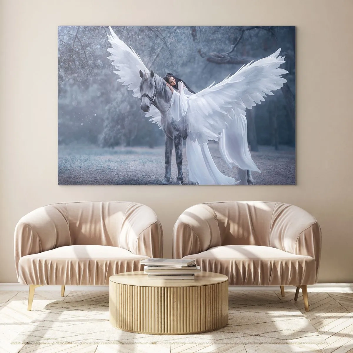 Obraz na skle - Pegas s bielymi krídlami a žena v šatách v mystickom lese - 70x50cm - Nadšený okamih - Moderná nástenná dekorácia do obývacej izby a spálne ARTTOR