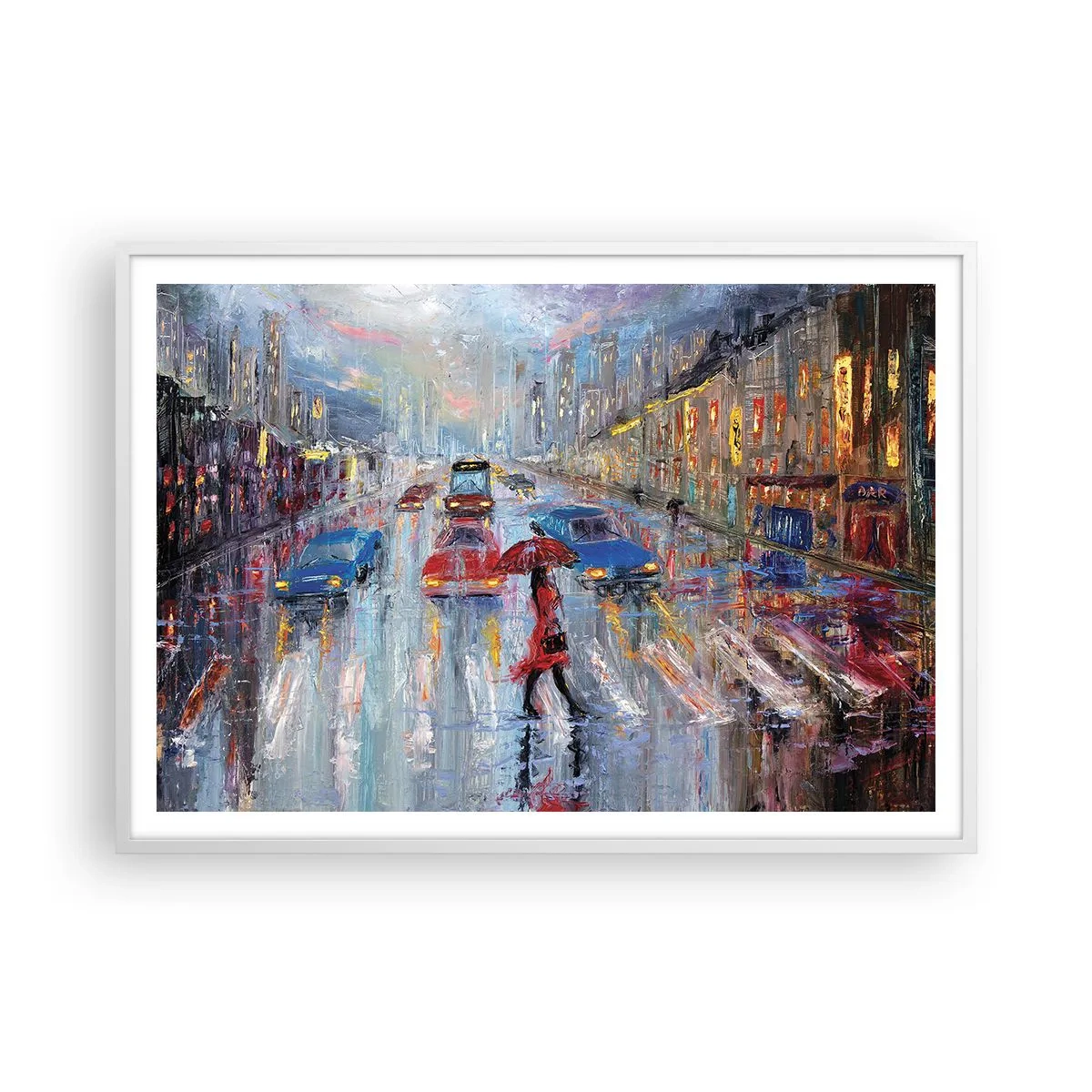 Plagát v bielom ráme - Daždivé popoludnie v meste - 100x70 cm