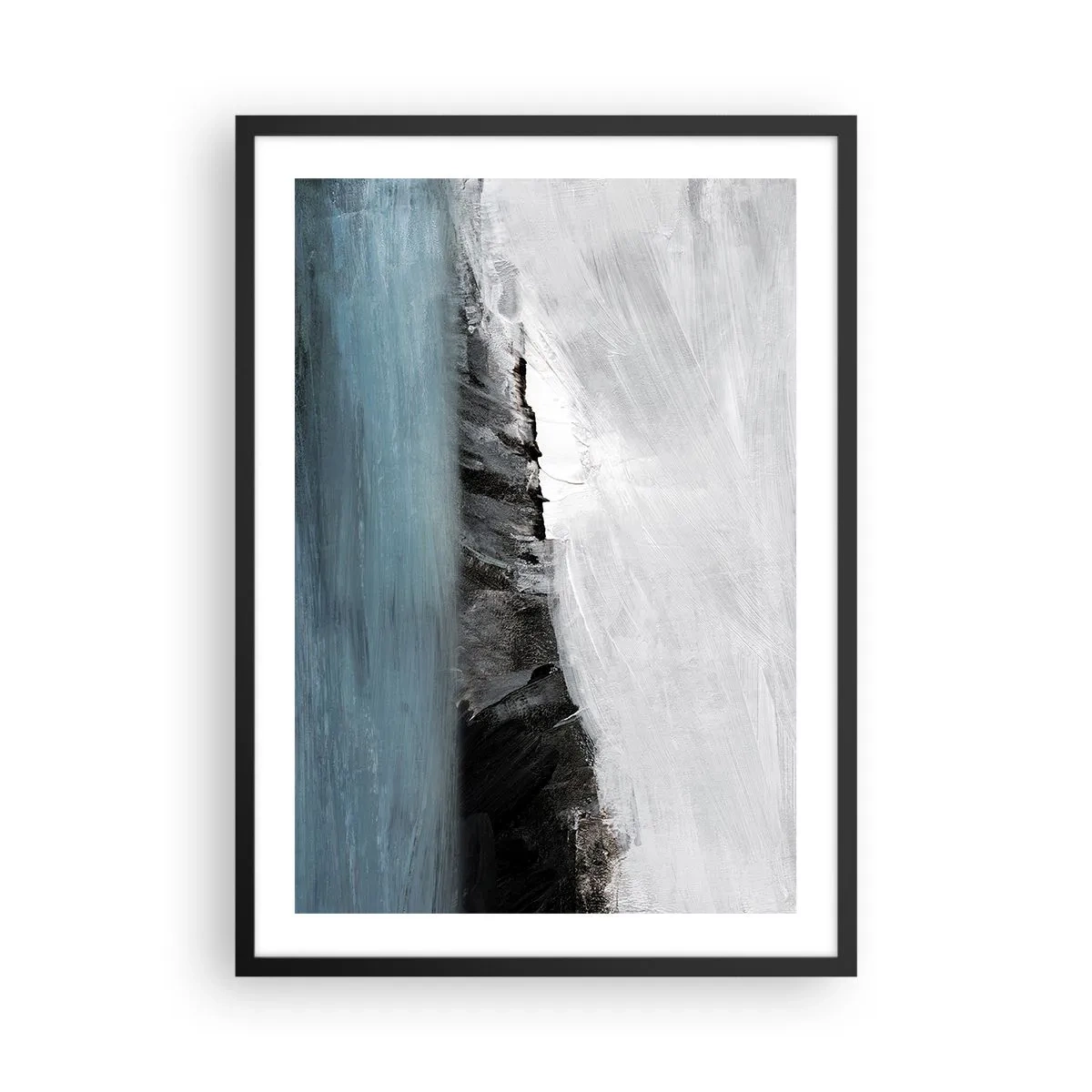 Plagát v čiernom ráme - Abstraktná kompozícia skalnatého pobrežia a oceánu - 50x70cm - Voda – zem: stret živlov - Moderná nástenná dekorácia do obývacej izby a spálne ARTTOR
