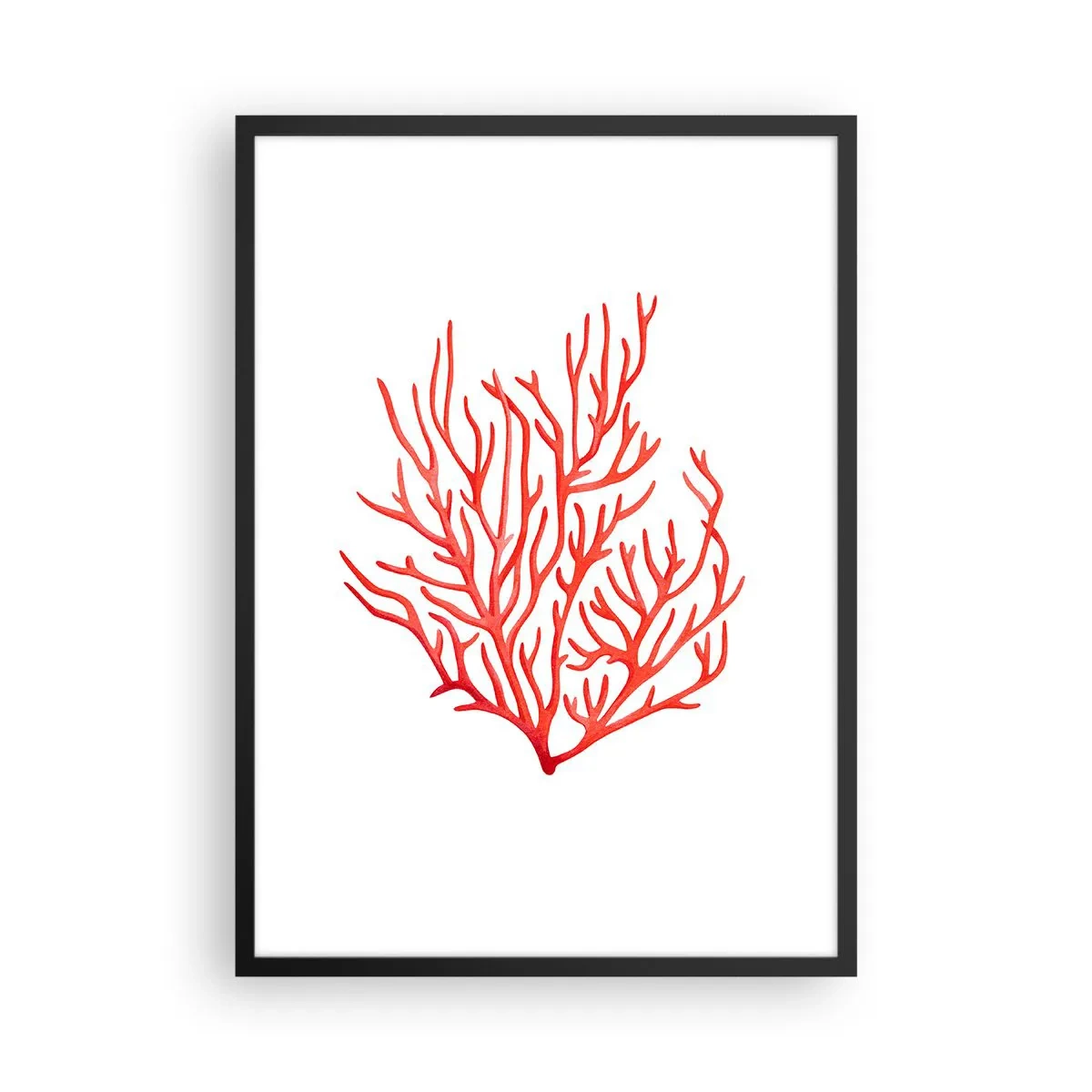 Plagát v čiernom ráme - Červený koral na bielom pozadí v minimalistickom štýle - 50x70cm - Koralový filigrán - Moderná nástenná dekorácia do obývacej izby a spálne ARTTOR
