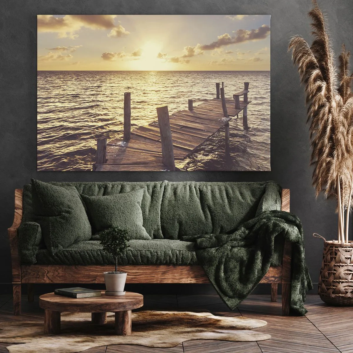 Obraz na plátne - Drevené mólo vedúce k západu slnka - 70x50cm - Zlatá krajina láskavosti - Moderná nástenná dekorácia do obývacej izby a spálne ARTTOR