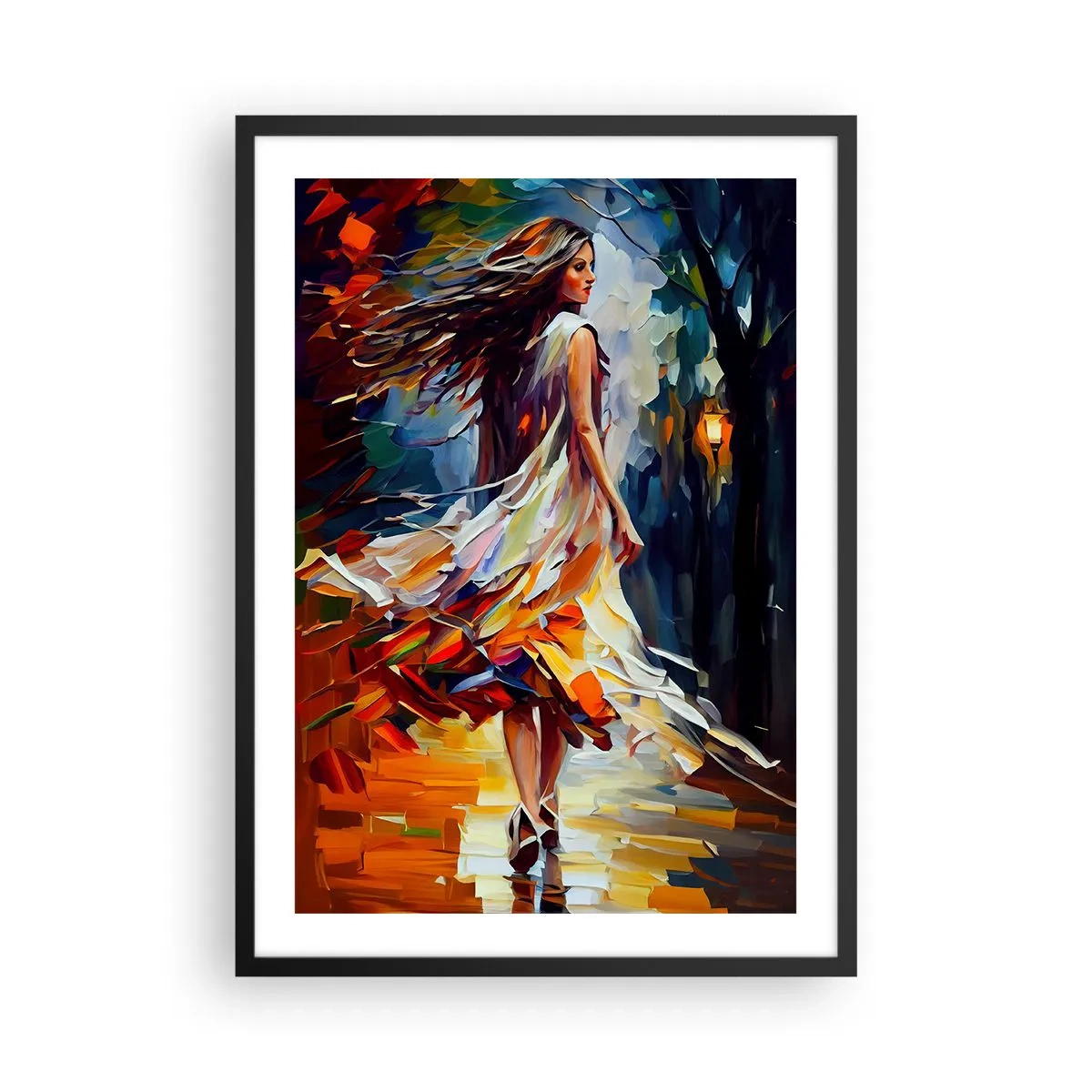 Plagát v čiernom ráme - Žena tancuje medzi farebnými jesennými listami - 50x70cm - Jesenné dievča - Moderná nástenná dekorácia do obývacej izby a spálne ARTTOR