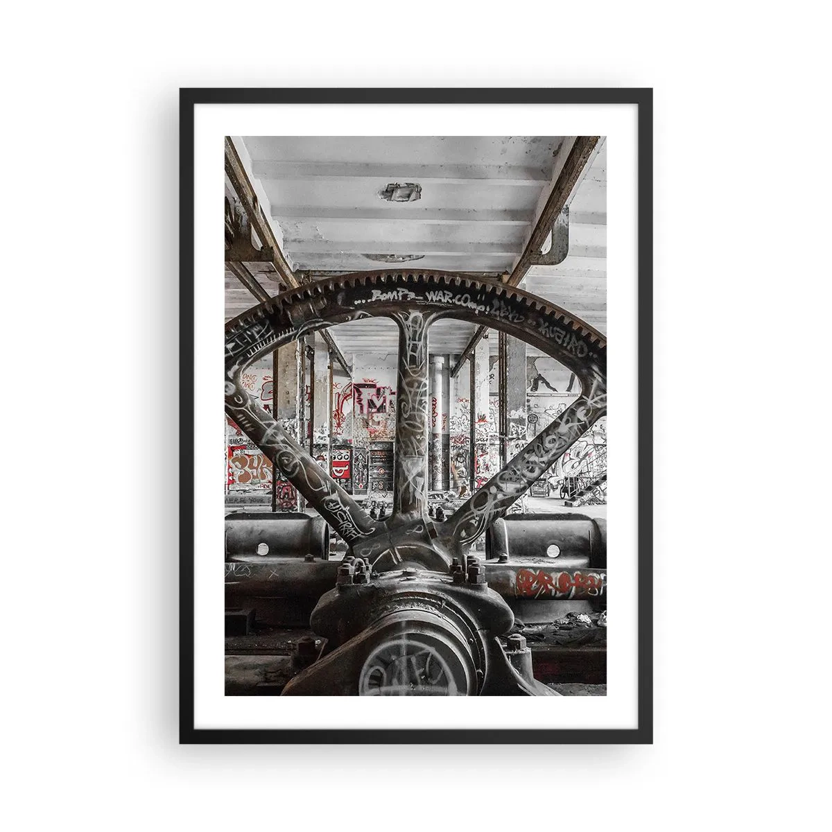 Plagát v čiernom ráme - Priemyselný graffiti stroj v opustenej továrni - 50x70cm - Tajný život továrne - Moderná nástenná dekorácia do obývacej izby a spálne ARTTOR