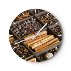 Nástenné hodiny - Drevená priečka s rôznymi koreninami a kávou - 30x30cm - Pokladnice vôní - Moderná nástenná dekorácia do obývacej izby, kuchyne a spálne ARTTOR