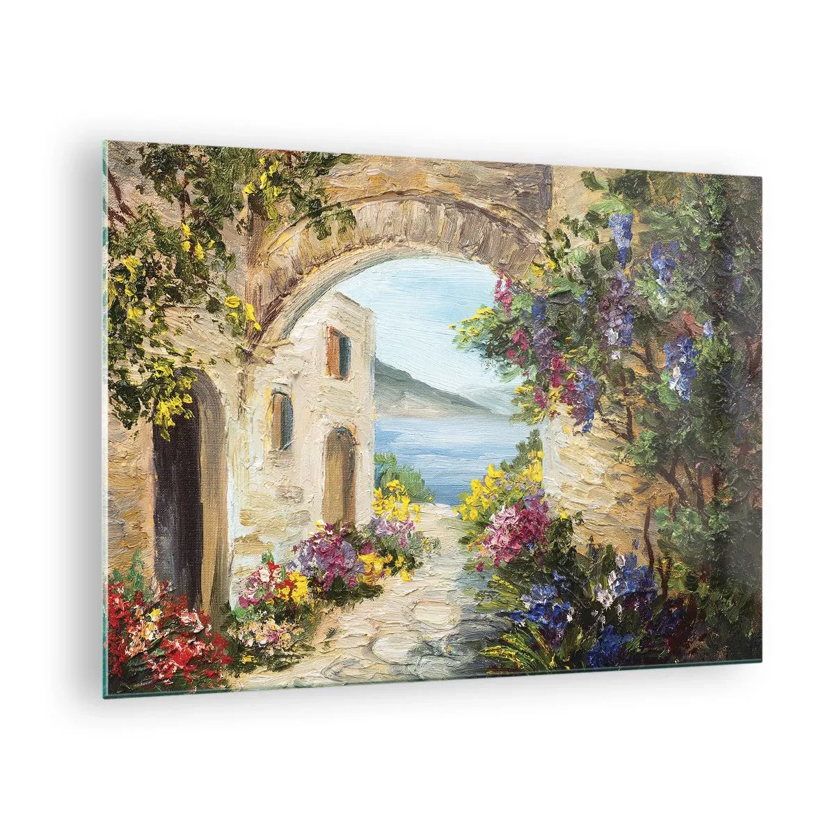 Obraz na skle - Malebná ulica s výhľadom na jazero - 70x50cm - Pôvab pobrežnej krajiny - Moderná nástenná dekorácia do obývacej izby a spálne ARTTOR