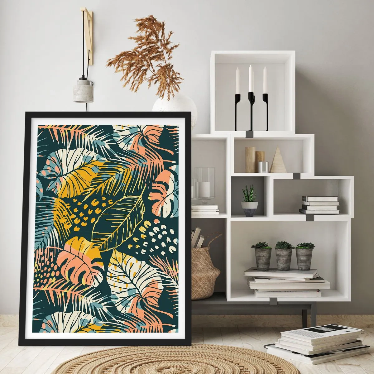 Plagát v čiernom ráme - Farebný vzor tropických listov v odtieňoch zelenej, žltej a ružovej. - 50x70cm - Listová fantázia - Moderná nástenná dekorácia do obývacej izby a spálne ARTTOR