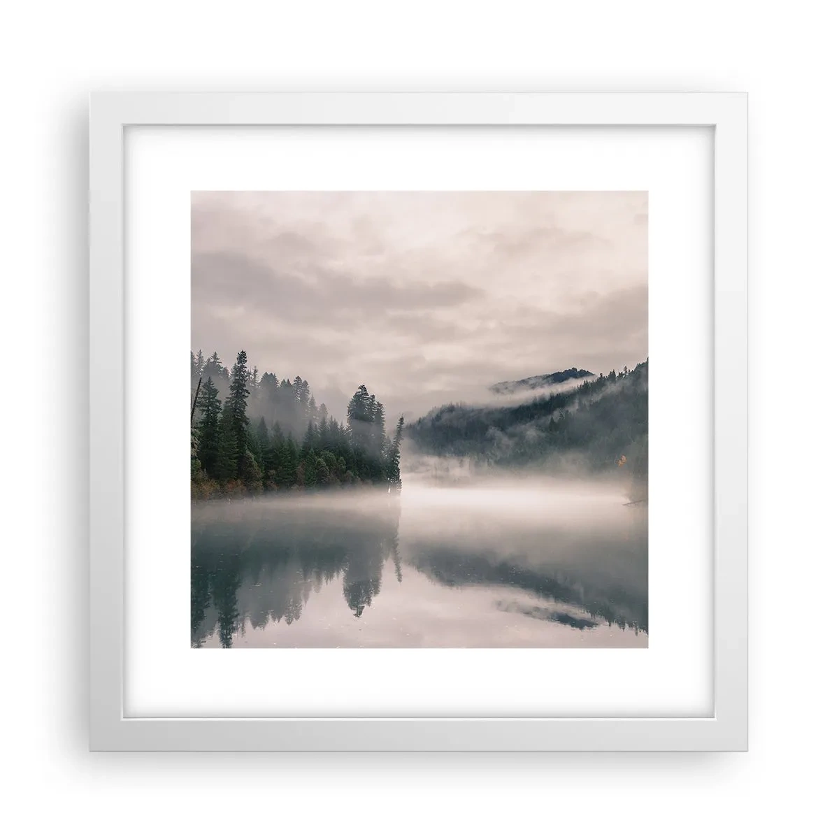 Plagát v bielom ráme - V zamyslení, v hmle - 30x30 cm