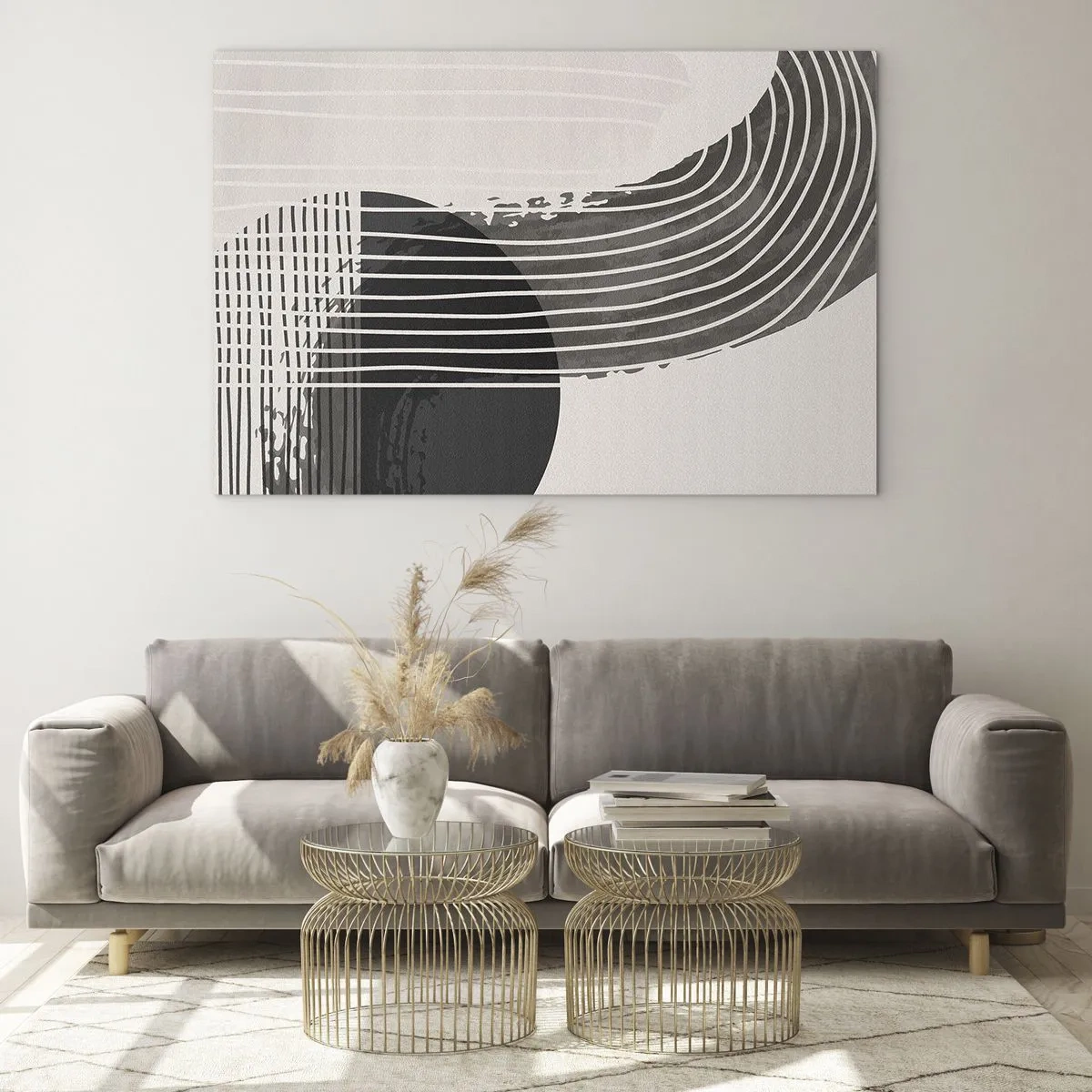 Obraz na skle - Čiernobiela abstrakcia s čiarami a geometrickými tvarmi - 70x50cm - Tam a späť - Moderná nástenná dekorácia do obývacej izby a spálne ARTTOR
