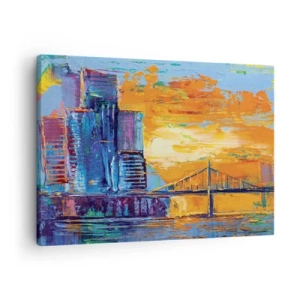 Obraz na plátne - Farebné mesto s mostom v zapadajúcom slnku - 70x50cm - Kultúra a príroda - Moderná nástenná dekorácia do obývacej izby a spálne ARTTOR