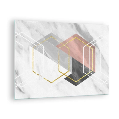 Obraz na skle - Zlaté geometrické tvary na mramorovom pozadí - 70x50cm - Reťazová kompozícia - Moderná nástenná dekorácia do obývacej izby a spálne ARTTOR