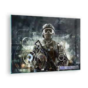 Obraz na skle - Vojak v taktickej výstroji na pozadí futuristického rozhrania. - 70x50cm - Ešte väčšia sila - Moderná nástenná dekorácia do obývacej izby a spálne ARTTOR