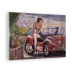 Obraz na skle - Žena a pes pri červenom aute s krajinou v pozadí. - 70x50cm - Leto? Len na Riviére - Moderná nástenná dekorácia do obývacej izby a spálne ARTTOR