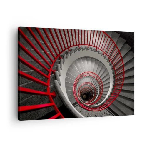 Obraz na plátne - Točité schodisko s červenými zábradlím v dynamickej perspektíve - 70x50cm - Architektonické hry - Moderná nástenná dekorácia do obývacej izby a spálne ARTTOR