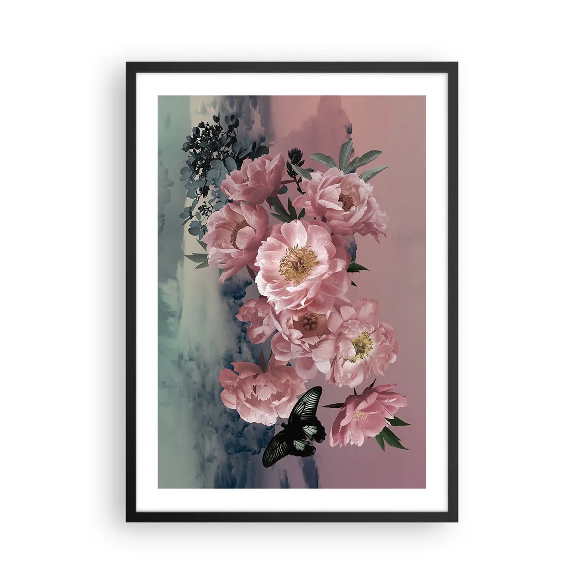 Plagát v čiernom ráme - Romantická kompozícia kvetov a motýľa v pastelových farbách. - 50x70cm - Vrchol romantizmu - Moderná nástenná dekorácia do obývacej izby a spálne ARTTOR