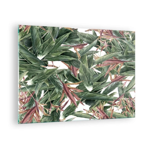 Obraz na skle - Listy v odtieňoch zelenej a bordovej na svetlom pozadí - 70x50cm - Smaragdovo-ľaliové húštie - Moderná nástenná dekorácia do obývacej izby a spálne ARTTOR