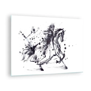 Obraz na skle - Čiernobiela maľba jazdca na koni v abstraktnom štýle - 70x50cm - Čierny rytier - Moderná nástenná dekorácia do obývacej izby a spálne ARTTOR