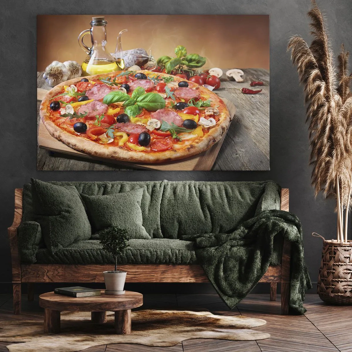 Obraz na plátne - Chutná pizza na drevenom stole s polevami - 70x50cm - So skutočne talianskou chuťou - Moderná nástenná dekorácia do obývacej izby a spálne ARTTOR