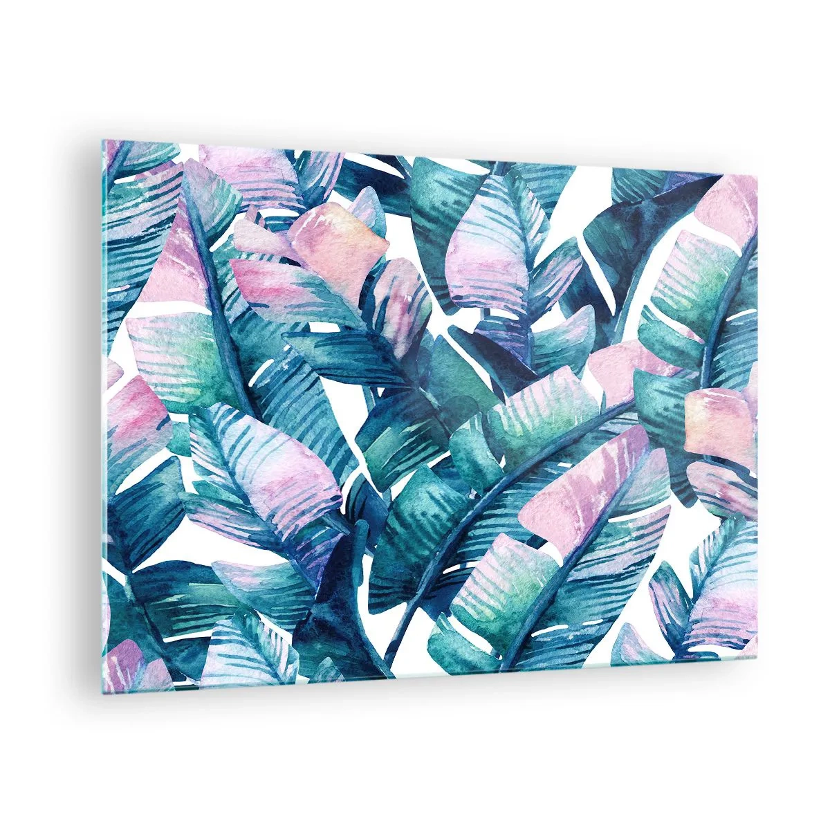 Obraz na skle - Banánové listy v pastelových odtieňoch na bielom pozadí - 70x50cm - V banánovom háji - Moderná nástenná dekorácia do obývacej izby a spálne ARTTOR