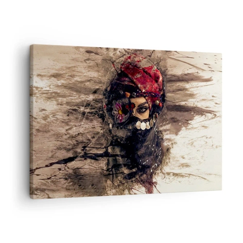 Obraz na plátne - Umelecký portrét ženy v orientálnom oblečení na abstraktnom pozadí. - 70x50cm - Prinajmenšom znepokojujúca - Moderná nástenná dekorácia do obývacej izby a spálne ARTTOR