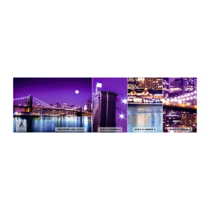 Vzorka samolepiacej fototapety Deluxe Sticker - Svetlá veľkomesta vo fialovej - Mesto, New York, Brooklynský most - 100x30 cm