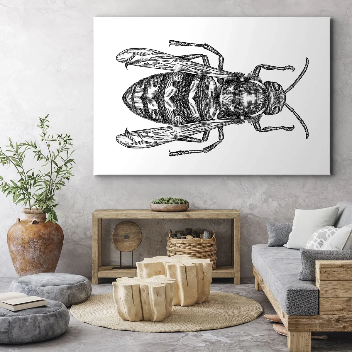 Obraz na plátne - Motív kreslenej osy na bielom pozadí v minimalistickom štýle. - 70x50cm - Z hmyzej planéty - Moderná nástenná dekorácia do obývacej izby a spálne ARTTOR