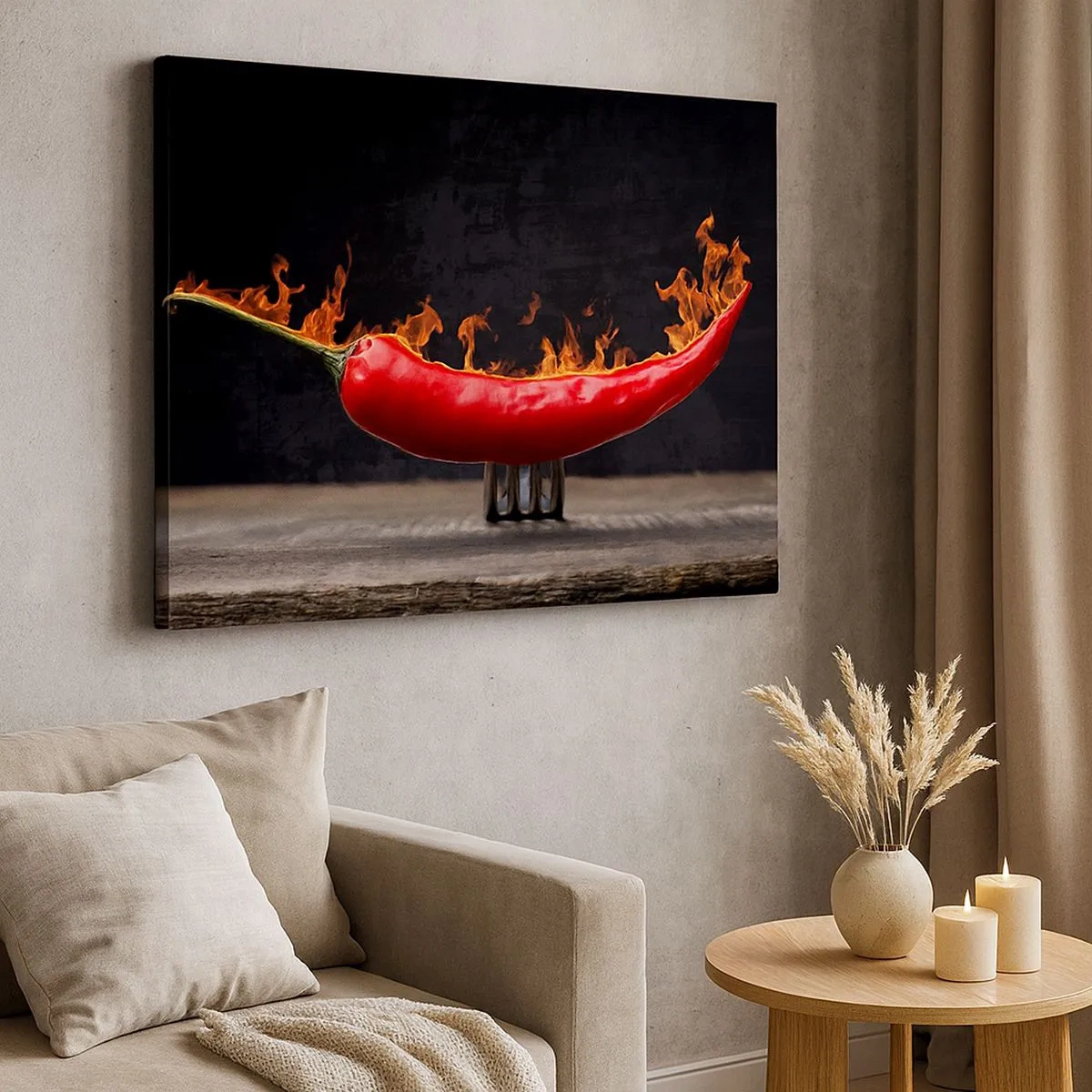 Obraz na plátne - Horiaca červená paprika na vidličke - 70x50cm - Ohnivé predjedlo - Moderná nástenná dekorácia do obývacej izby a spálne ARTTOR