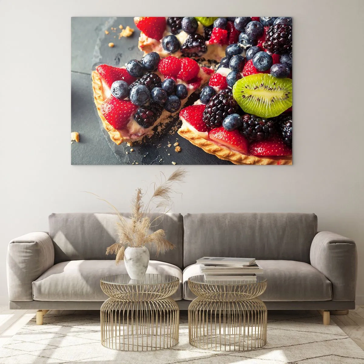 Obraz na skle - Ovocný koláč s čučoriedkami, kiwi a jahodami - 70x50cm - Dolce vita! - Moderná nástenná dekorácia do obývacej izby a spálne ARTTOR