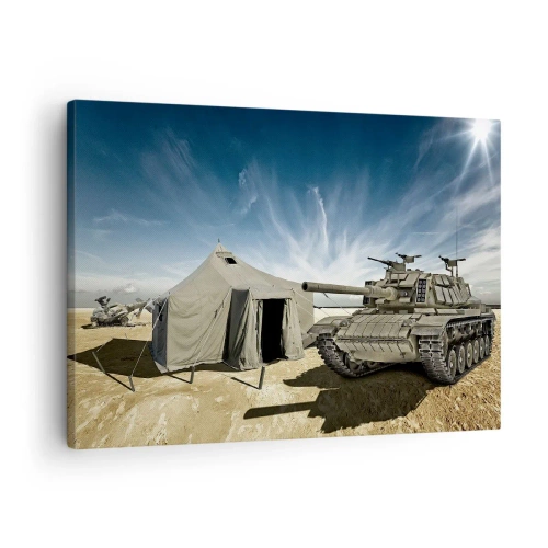 Obraz na plátne - Tank vedľa vojenského stanu v púštnej oblasti - 70x50cm - Militantný sen - Moderná nástenná dekorácia do obývacej izby a spálne ARTTOR