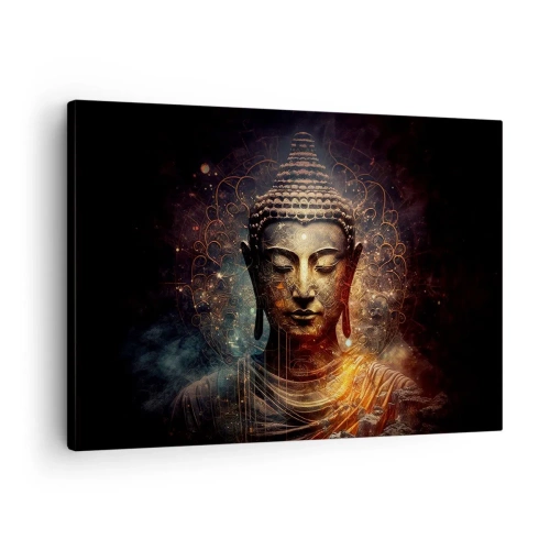 Obraz na plátne - Zlatý Budha na tmavom pozadí s ornamentami - 70x50cm - Duchovná rovnováha - Moderná nástenná dekorácia do obývacej izby a spálne ARTTOR