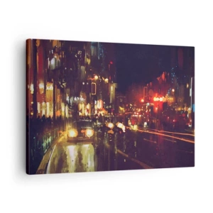 Obraz na plátne - Nočná mestská scéna s farebnými svetlami a odrazmi ulice - 70x50cm - Ponorená do svetiel noci - Moderná nástenná dekorácia do obývacej izby a spálne ARTTOR