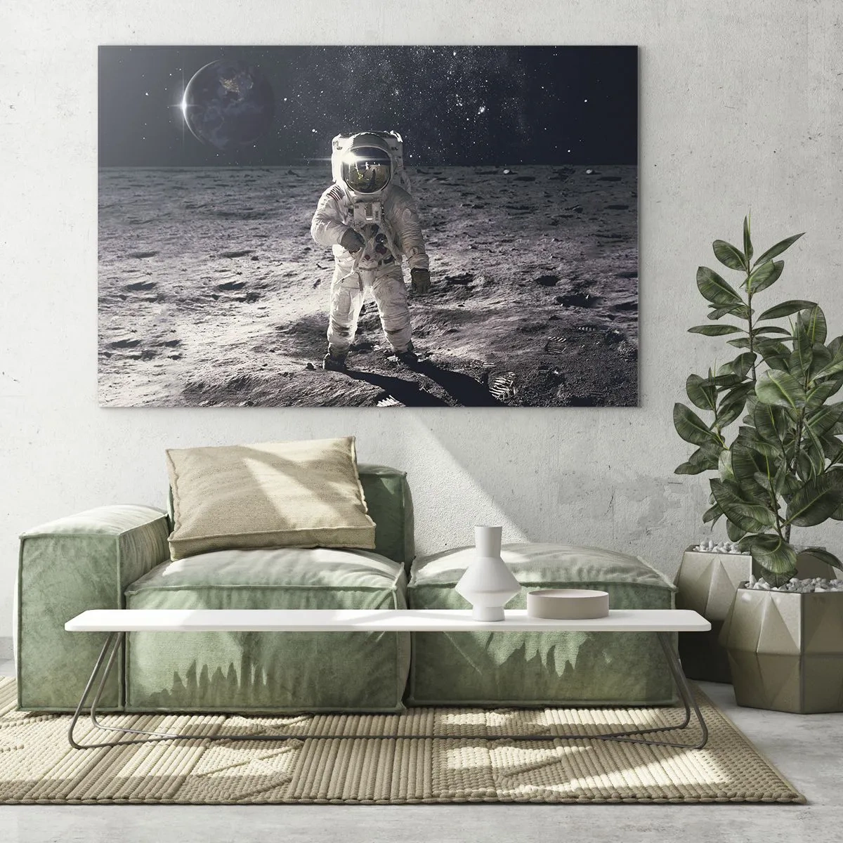 Obraz na skle - Astronaut na povrchu Mesiaca so Zemou v pozadí - 70x50cm - Pozdrav z Mesiaca - Moderná nástenná dekorácia do obývacej izby a spálne ARTTOR