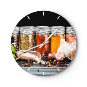 Nástenné hodiny - Farebné korenie v pohároch a kuchynské doplnky - 30x30cm - Aby mal život chuť - Moderná nástenná dekorácia do obývacej izby, kuchyne a spálne ARTTOR