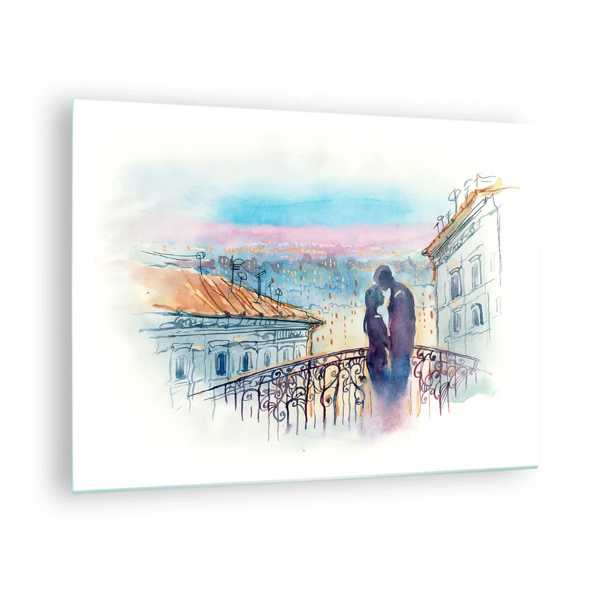 Obraz na skle - Pár na balkóne si užíva romantický západ slnka - 70x50cm - Parížski milenci - Moderná nástenná dekorácia do obývacej izby a spálne ARTTOR