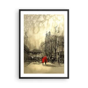 Plagát v čiernom ráme - Postava v červenom kabáte na pozadí zimného mesta - 50x70cm - Rande v londýnskej hmle  - Moderná nástenná dekorácia do obývacej izby a spálne ARTTOR