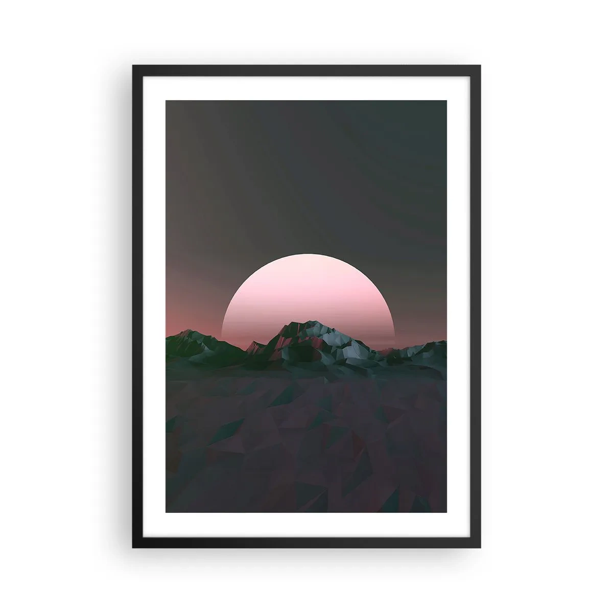 Plagát v čiernom ráme - Fantasy krajina s ružovým mesiacom a horami - 50x70cm - V susednej galaxii - Moderná nástenná dekorácia do obývacej izby a spálne ARTTOR