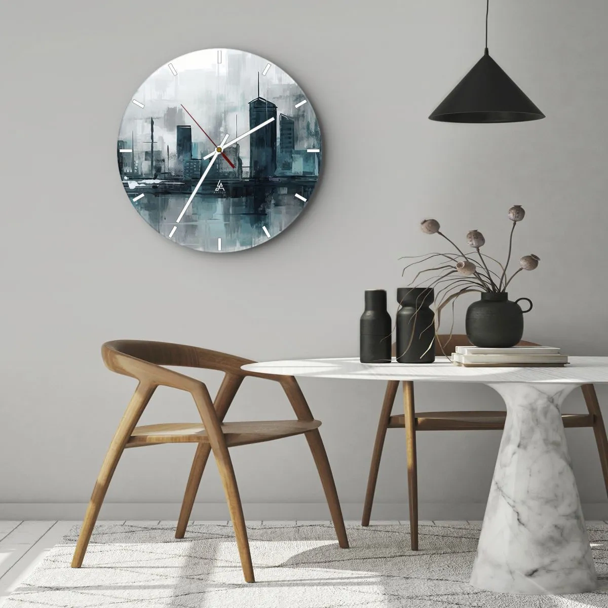 Nástenné hodiny - Panoráma mesta v maliarskom štýle s chladnými tónmi - 30x30cm - Mesto vo farbe dažďa - Moderná nástenná dekorácia do obývacej izby, kuchyne a spálne ARTTOR