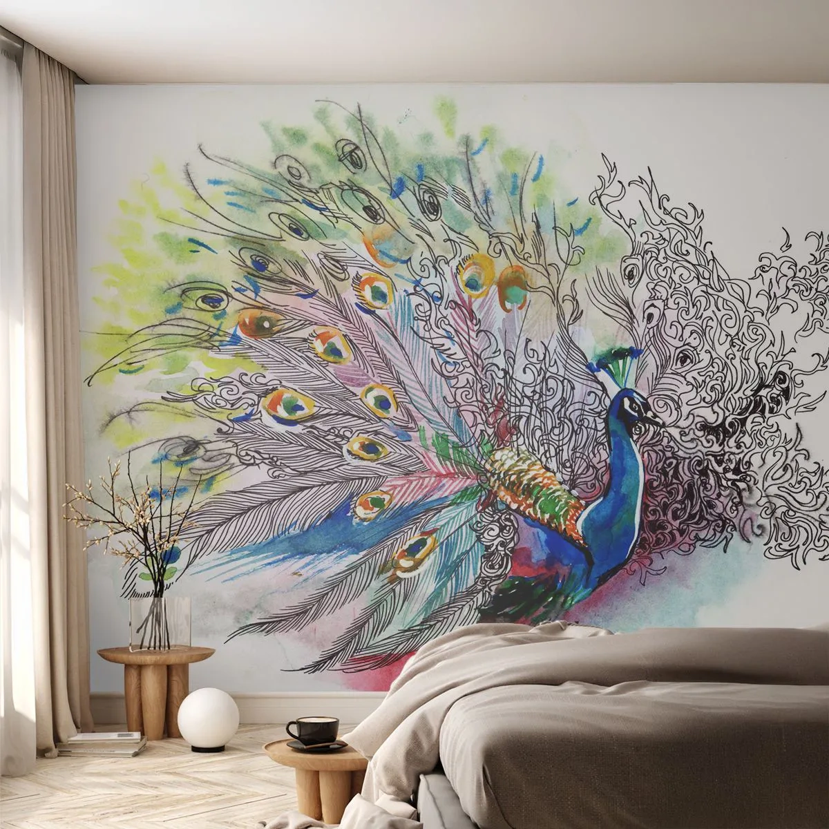 Fototapeta Premium Canvas - S pýchou proti šedi  - Vták, Páv, Perie - 250x175 cm